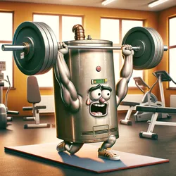 Anthropomorphized boiler simulating intense gym workout, metaphorically depicting circulation problems in boilers.