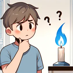 Confused person observing a weak and unusual colored flame in a boiler, indicating a potential system fault.
