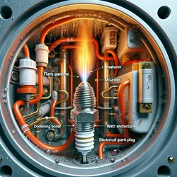 Imagen detallada de una llama parásita en la bujía de detección dentro de una caldera de condensación.