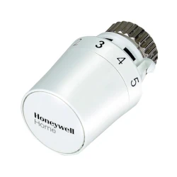 Cabeza termostática Honeywell Home T5019W0 Thera-5, destacando su elegante diseño blanco y pomo de control intuitivo.