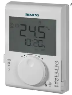 termostato Siemens RDJ100 mostrando su pantalla y controles para una fácil programación y ajuste de temperatura.