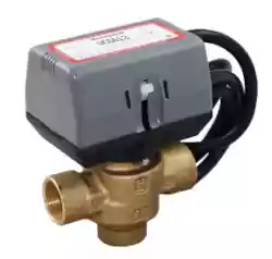 Motorized three-way valve in a modern boiler system, essential for efficient water flow control.