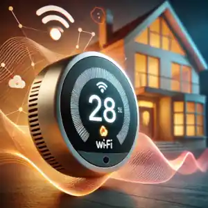 Termostato Wi-Fi stilizzato con schermo acceso, simboli di connessione, icona di cloud e onde astratte di connettività in tonalità calde, con una casa moderna sfocata sullo sfondo.