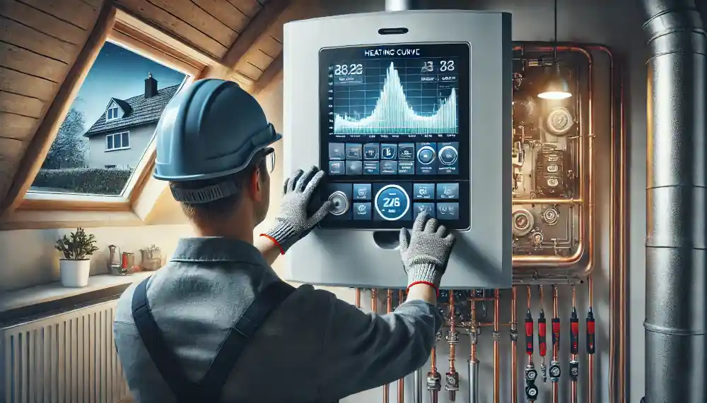 Technician adjusting the heating curve on a boiler to ensure system efficiency and safety