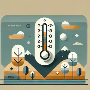 Minimalistyczna ilustracja wektorowa przedstawiająca stylizowany termostat z płaskimi kolorami i geometrycznymi kształtami. Mała strzałka w górę i w dół podkreśla koncepcję histerezy i skalę temperatury.